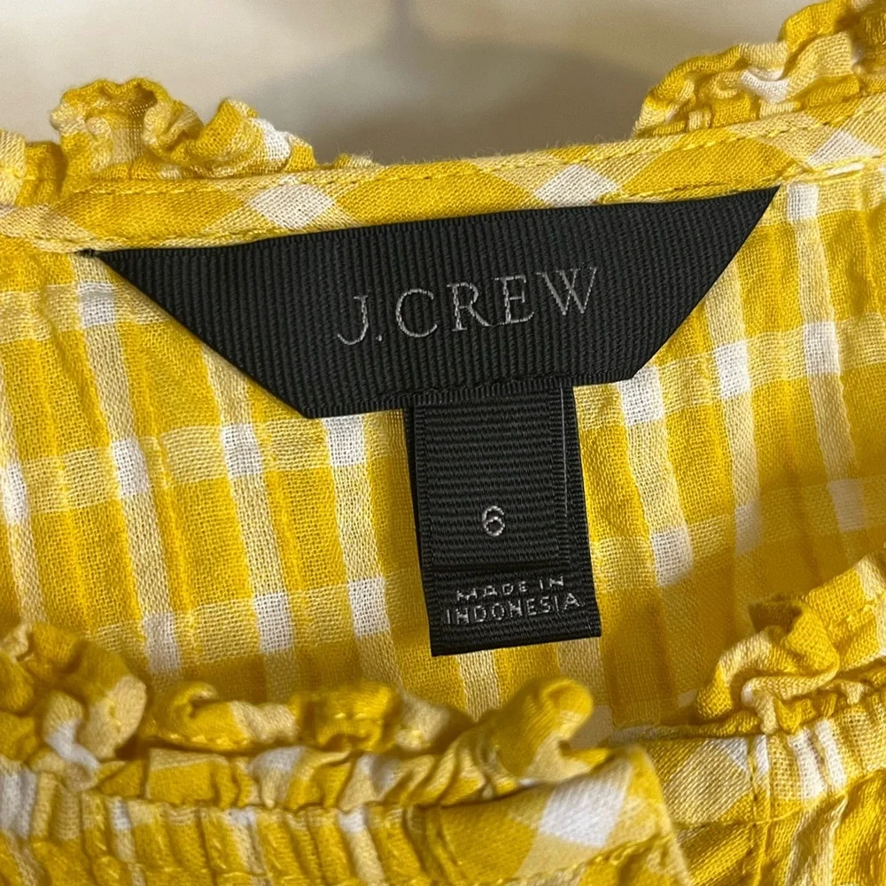 J. Crew Women’s Size 6 Yellow Gingham Ruffled Neckline Pleated Bib Cotton Top